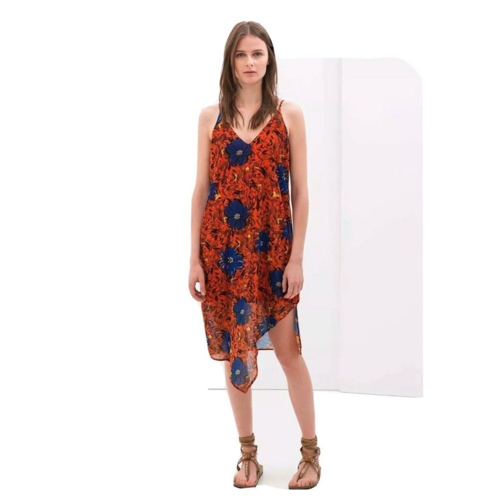 Zara Orange Floral Sheer Lined Asymmetrical Sundress Women's Size S